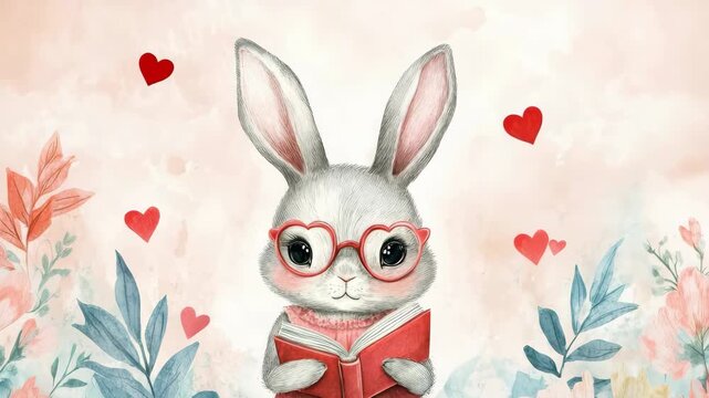 Charming bunny reading in heartfelt garden scene with flowers and love