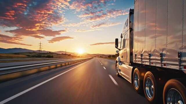 Semi-truck driving on highway toward sunrise with beautiful colorful sky and open road transportation concept