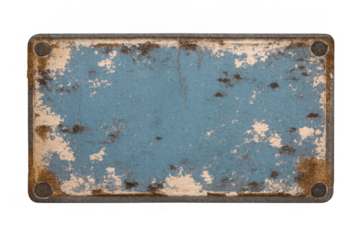 Blue metal sign board with peeling paint and rust texture, grungy empty template for messages on transparent background