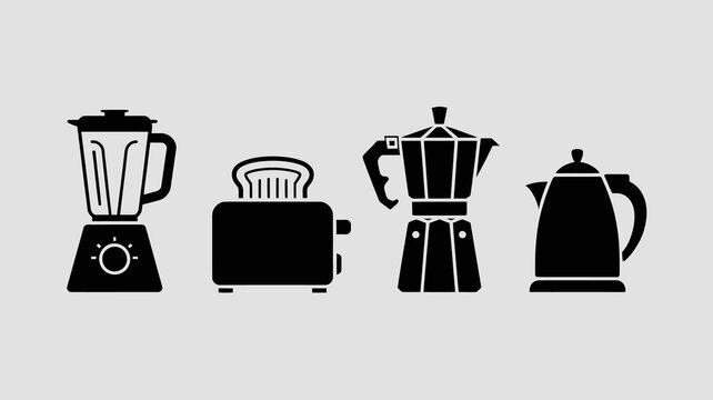 a simple illustration depicting a collection of common kitchen appliances including a blender toaster kettle and coffee maker in black silhouettes high quality professional detailed modern