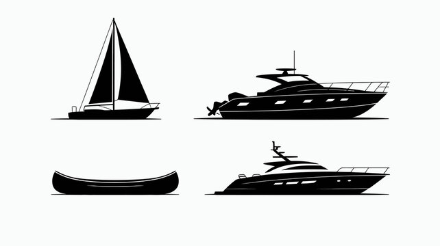 a minimalist black and white illustration depicts a sailboat a motor yacht a traditional canoe and a luxury cruiser on water high quality professional detailed modern