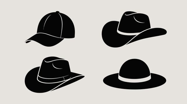 a collection of four black silhouette hats including a baseball cap cowboy hat fedora and a simpler round hat displayed on a neutral background high quality
