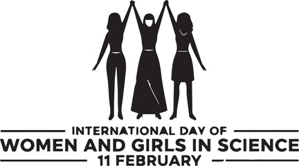 Black and white vector illustration of three women united for February 11 science celebration
