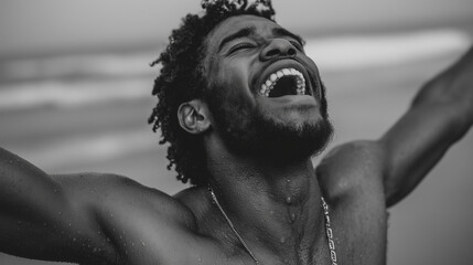 Ai joyful man celebrates at the beach during sunset while expressing happiness and freedom with raised arms