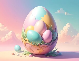 Pastel Easter egg scene with eggs nestled in a decorated bowl