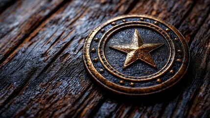 Gold star on wood.