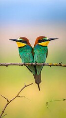 Fototapeta premium Two vibrantly-colored birds perched on a branch. They have multi-colored feathers and long beaks, in front of a soft blurry background
