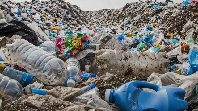 Plastic Mountain Overflowing Landfill Under Grey Sky Pollution Crisis.