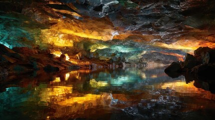 Vibrant Illuminated Cave with Colorful Crystal Walls and Reflective Underground Lake