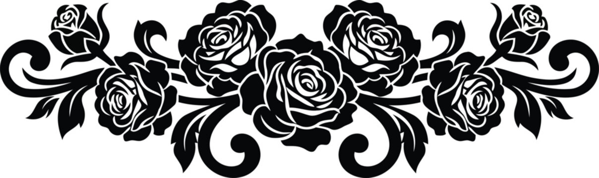 Black silhouette floral border with roses and swirls