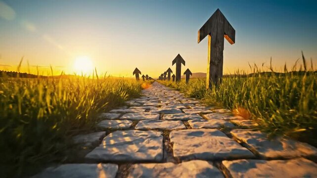Stone Pathway Lined with Wooden Arrows Leading Towards the Sunset, Symbolic Journey and Forward Direction