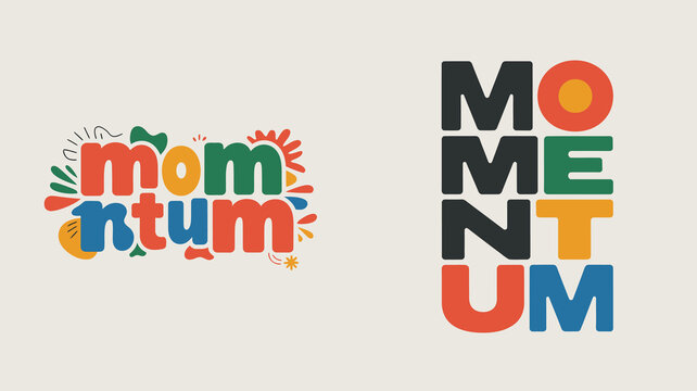 this image displays two distinctive typographic designs featuring the word momentum creatively rendered in varying styles and color palettes high quality professional detailed modern elegant stylish