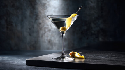 Elegant martini with olive garnish on a dark backdrop
