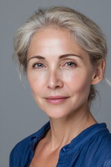 middle aged professional woman portrait neutral background studio lighting realistic skin texture