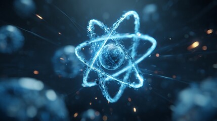 The image presents a detailed atomic structure with glowing orbits surrounding a central nucleus. These vibrant atomic models illustrate key scientific concepts in physics and chem