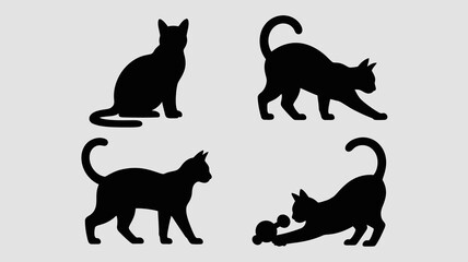 A minimalistic depiction showcases four black cat silhouettes in varied poses capturing their elegance and feline grace against a light backdrop high quality professional detailed modern