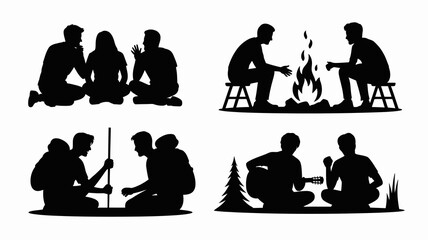 a serene illustration depicts several groups of individuals enjoying a campfire some seated others playing instruments against a dark backdrop high quality professional detailed modern elegant