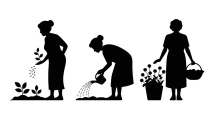 a simple black silhouette depicts three elderly women engaged in gardening activities including planting seeds watering flowers and carrying baskets high quality professional detailed modern elegant