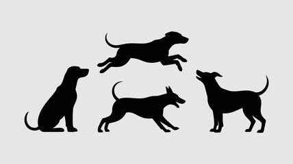 a striking silhouette depicting four dogs in various poses one sitting one leaping and two in motion high quality professional detailed modern elegant stylish clean crisp