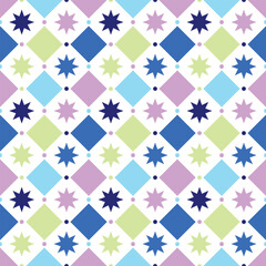 Vector seamless pastel geometric pattern with colored stars and diamonds