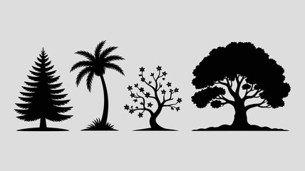 a simple illustration shows four distinct tree silhouettes against a light gray background representing different botanical forms and natural elements high quality professional detailed modern elegant