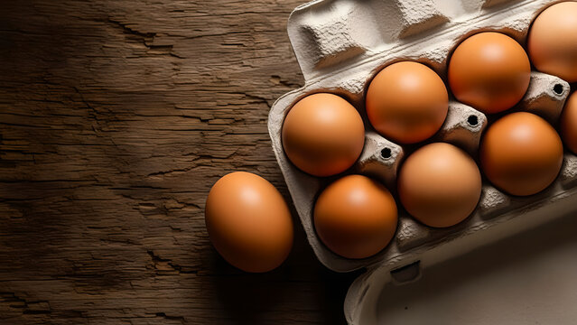 Brown Eggs Carton Wood Background Top View Copy Space