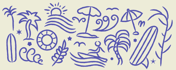 Fototapeta premium Hand Drawn Doodle Elements with Surfboard, Palm Trees, Surfer, Umbrella, Swim Ring, Sun, and Plants. Suitable for T-Shirt Design, Poster, and More
