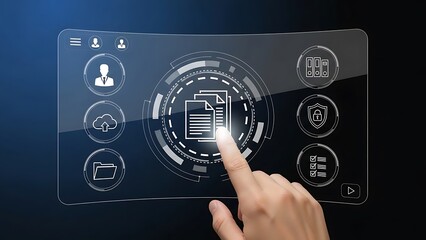 A hand interacting with a futuristic transparent touchscreen interface on a dark background with various icons and a central document icon