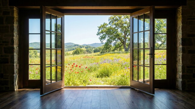 Open French doors reveal a sunlit meadow with colorful wildflowers and rolling hills under a bright blue sky, offering an idyllic escape. - Powered by Adobe