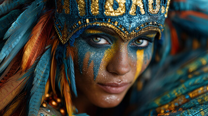Closeup portrait of a woman face with vibrant carnival makeup and feathers - ai generative