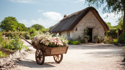 Charming cottage with a wooden cart filled with flowers on a sunny day. A picturesque scene of a cottage with thatched roof, wooden cart overflowing with flowers, and gravel path under clear blue sky