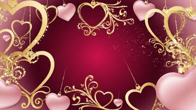 Golden Ornate Hearts and Pink Balloons Background Loop