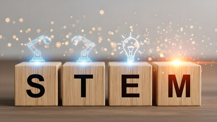 STEM Education Technology Science Wooden Blocks Glowing Icons