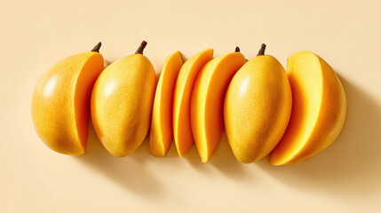 Freshly sliced mangoes arranged on a warm, inviting background.