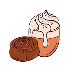 Flat style illustration of a cinnamon bun with a cup of coffee latte and whipped cream topping.