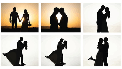 Silhouette collage of romantic couples in various loving poses at sunset and isolated white background with love and silhouettes and intimate