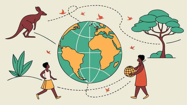 People walking around the earth with plants and animals