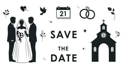 Black silhouette illustration of same sex wedding with save the date text and church with wedding illustration and LGBTQ and wedding invitation