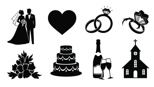 Black silhouette wedding icons set including couple bride groom heart rings cake flowers church champagne with wedding planning and marriage