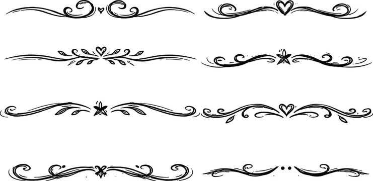 Hand Drawn Sketch Dividers Vector Set Black Brush Stroke Horizontal Rules Flourishes Hearts Stars Leaves Whimsical Decoration Elements