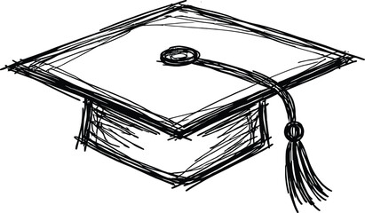 Black and White Hand Drawn Sketchy Graduation Cap Mortarboard with Tassel Vector Illustration