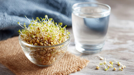 Growing sprouts in a bowl alongside a glass of water on a wooden surface in the kitchen