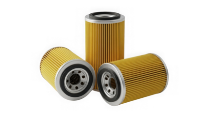 Three yellow oil filters isolated on transparent background