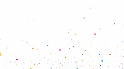 Abstract colorful particles scatter dynamically upwards, creating a vibrant, festive texture captured in a clean, high-key studio shot against a pure white background.