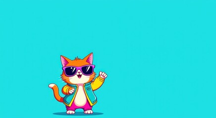 Cartoon cat with sunglasses and a backpack waving copy space animal background