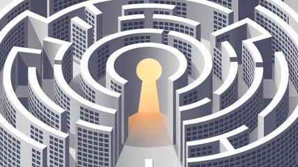 Complex maze of buildings leading to a glowing keyhole, symbolizing a solution or opportunity.