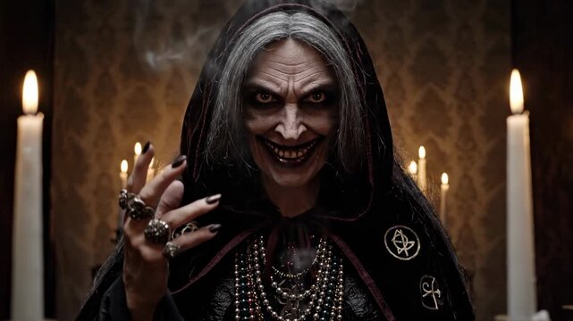 Spooky figure with sharp nails and grey hair, surrounded by candles