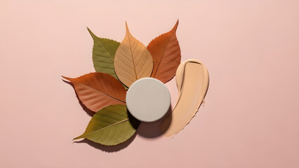 Makeup Foundation Skincare Product Autumn Leaves Pink Background