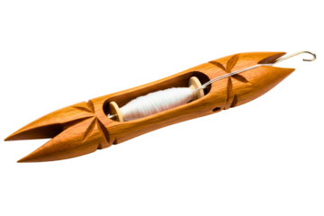 Traditional wooden weaving shuttle with white thread spool inside isolated with transparent background