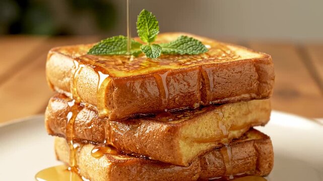 Stack of toasted bread with syrup and mint garnish. Close-up food photo